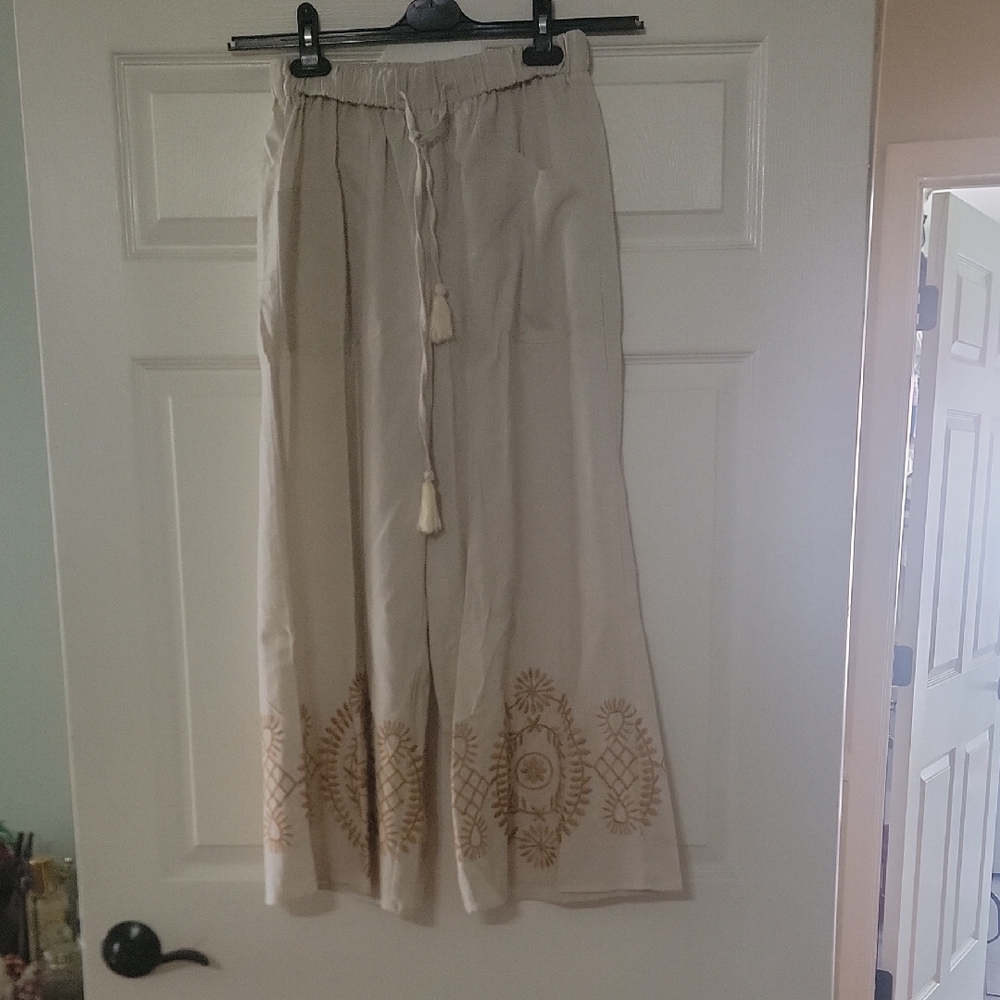 Wide Leg Embroidered Drawstring Pants - Cream